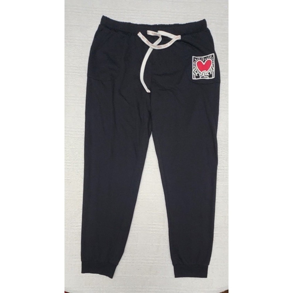 Keith Haring Sweatpants Mens Large Black Fleece Joggers Heart Graphic Pockets